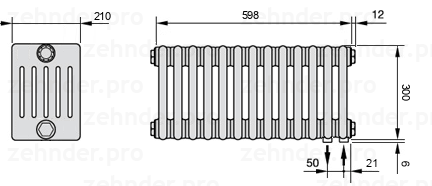 Схема (чертеж) Радиатор Zehnder Charleston 6030/13 №5510 Белый глянцевый RAL 9016